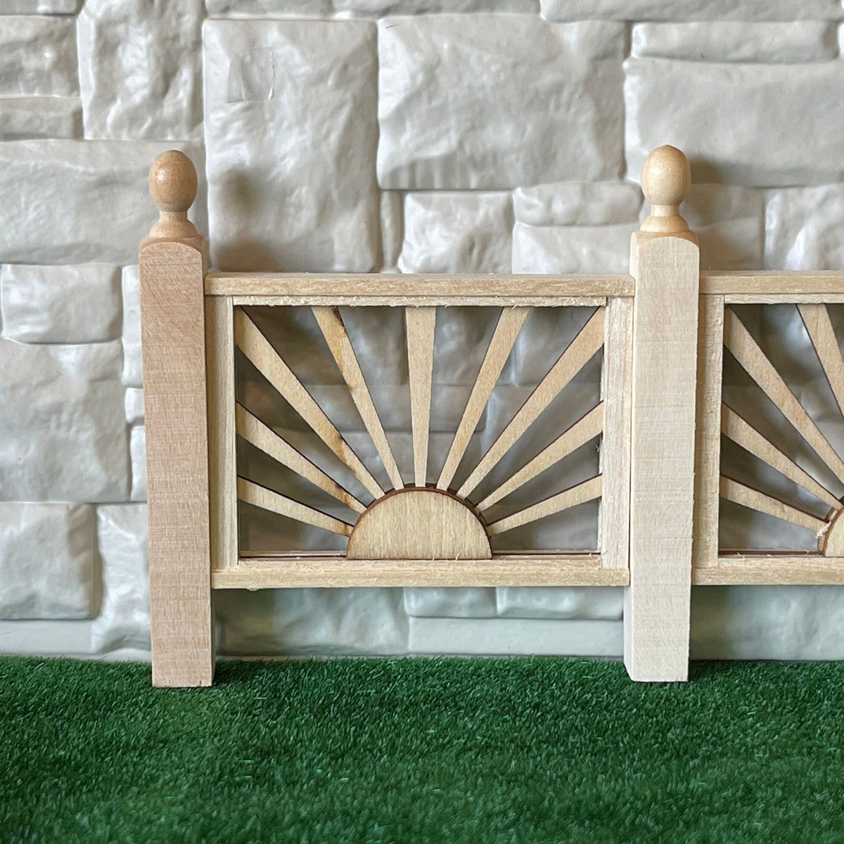 1:12 Scale Miniature Unpainted Wood Porch Railing Panel with Fan Spindles, Ball Top Posts, 9 inch long, DIY Dollhouse Supply