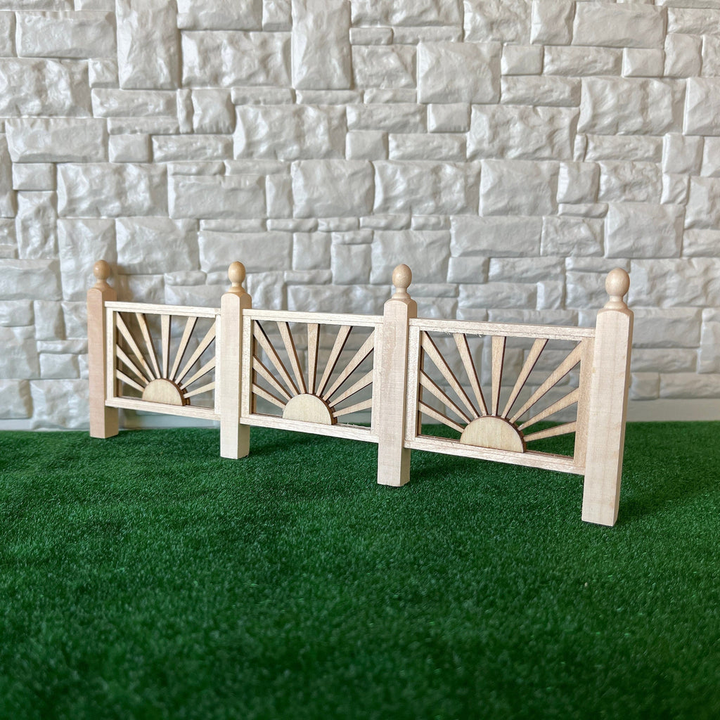 1:12 Scale Miniature Unpainted Wood Porch Railing Panel with Fan Spindles, Ball Top Posts, 9 inch long, DIY Dollhouse Supply
