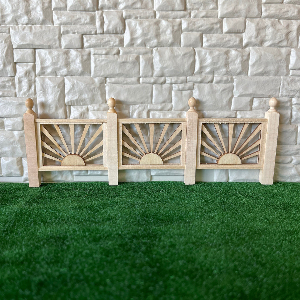 1:12 Scale Miniature Unpainted Wood Porch Railing Panel with Fan Spindles, Ball Top Posts, 9 inch long, DIY Dollhouse Supply