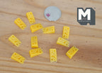 1:12 scale miniature cheese pieces in yellow with holes, set of 12 wedges and blocks, shown beside a coin