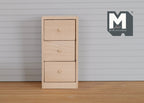 1:12 scale miniature unpainted wood tall chest of drawers with 3 drawers and round knobs, shown against a gray wall