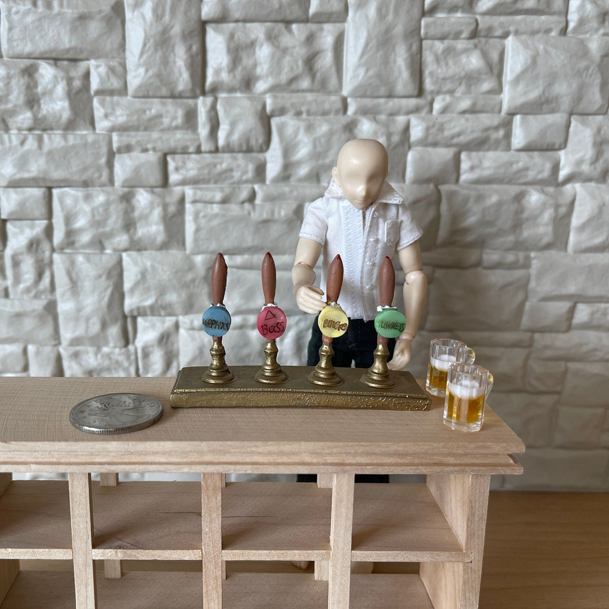 1:12 Scale Miniature Beer Tap Tower, 4 Pump Handles, 2-11/16 inch wide, DIY Dollhouse Supply (brass)