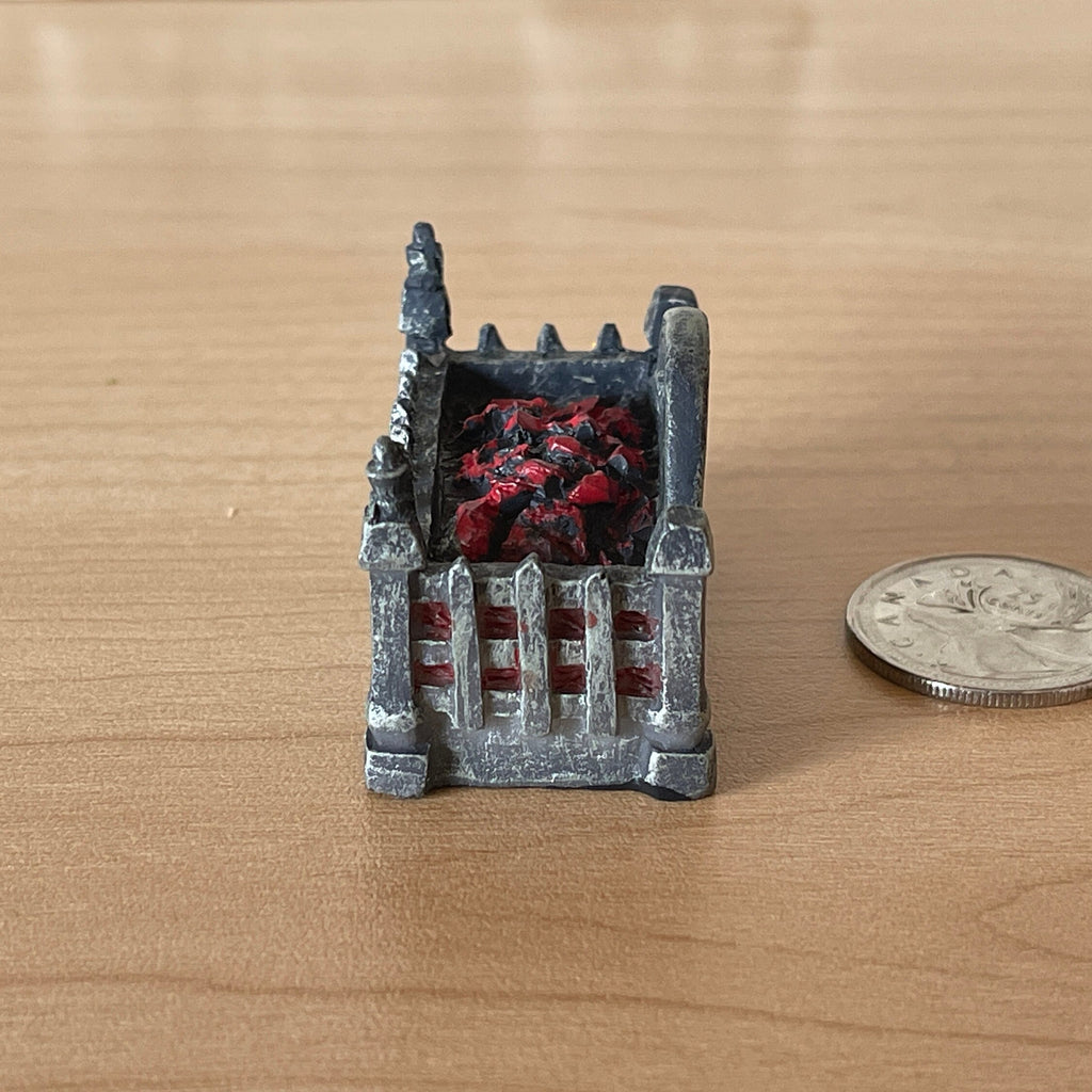 1:12 Scale Miniature Metal Fire Grate with Red Coals, Arched Back, 1-5/8 inch wide, DIY Dollhouse Supply (pewter)