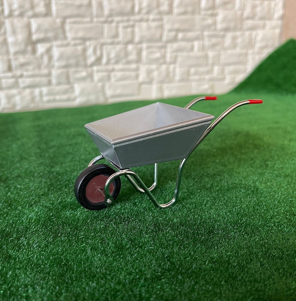 1:12 Scale Miniature Metal Wheelbarrow, Red Wheel and Grips, 3-3/4 inch long, DIY Dollhouse Supply