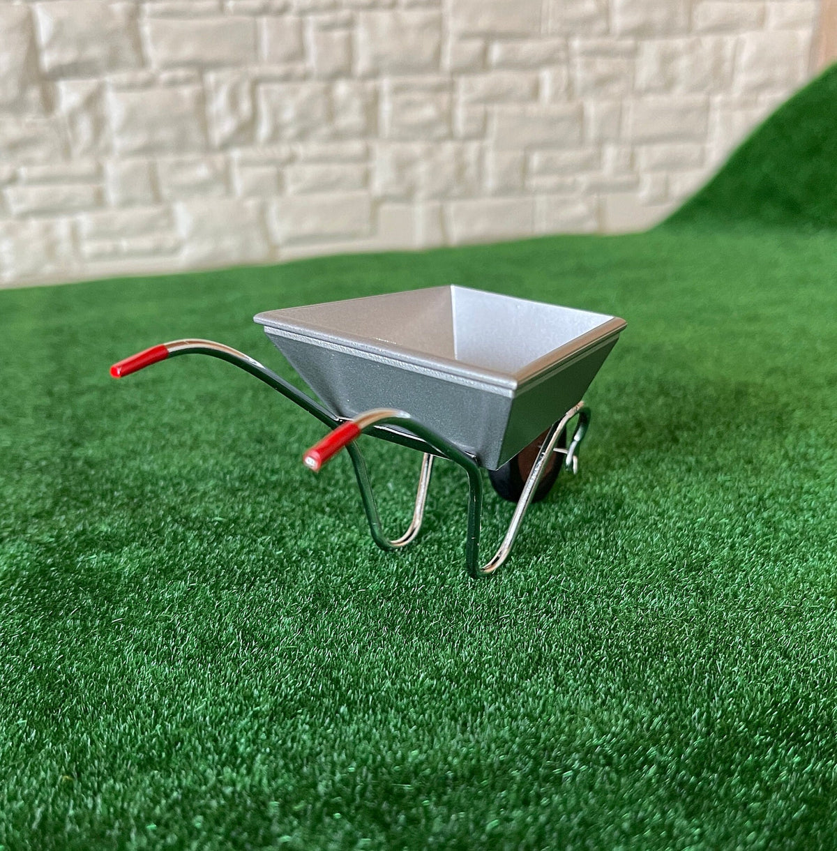 1:12 Scale Miniature Metal Wheelbarrow, Red Wheel and Grips, 3-3/4 inch long, DIY Dollhouse Supply