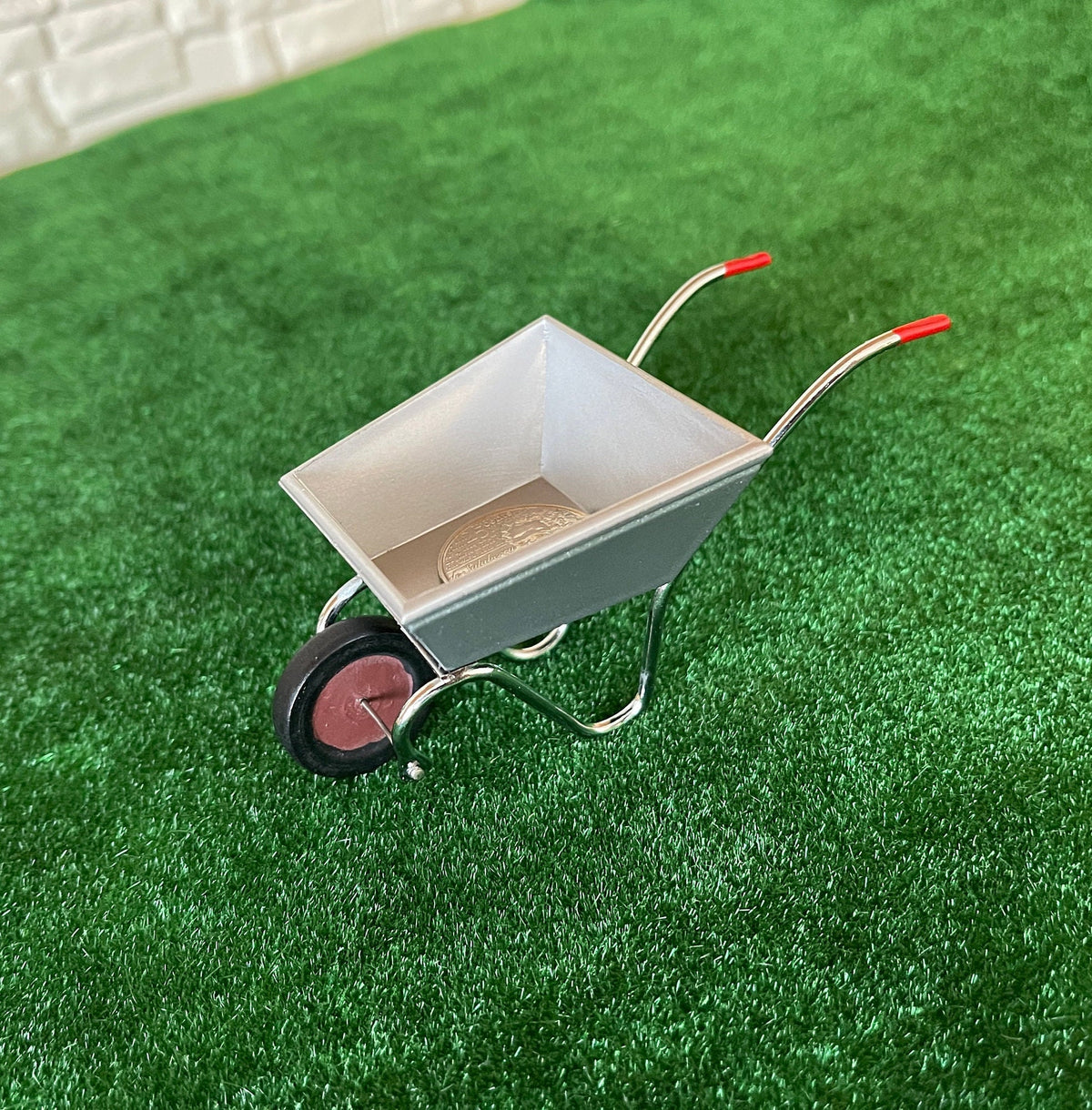 1:12 Scale Miniature Metal Wheelbarrow, Red Wheel and Grips, 3-3/4 inch long, DIY Dollhouse Supply