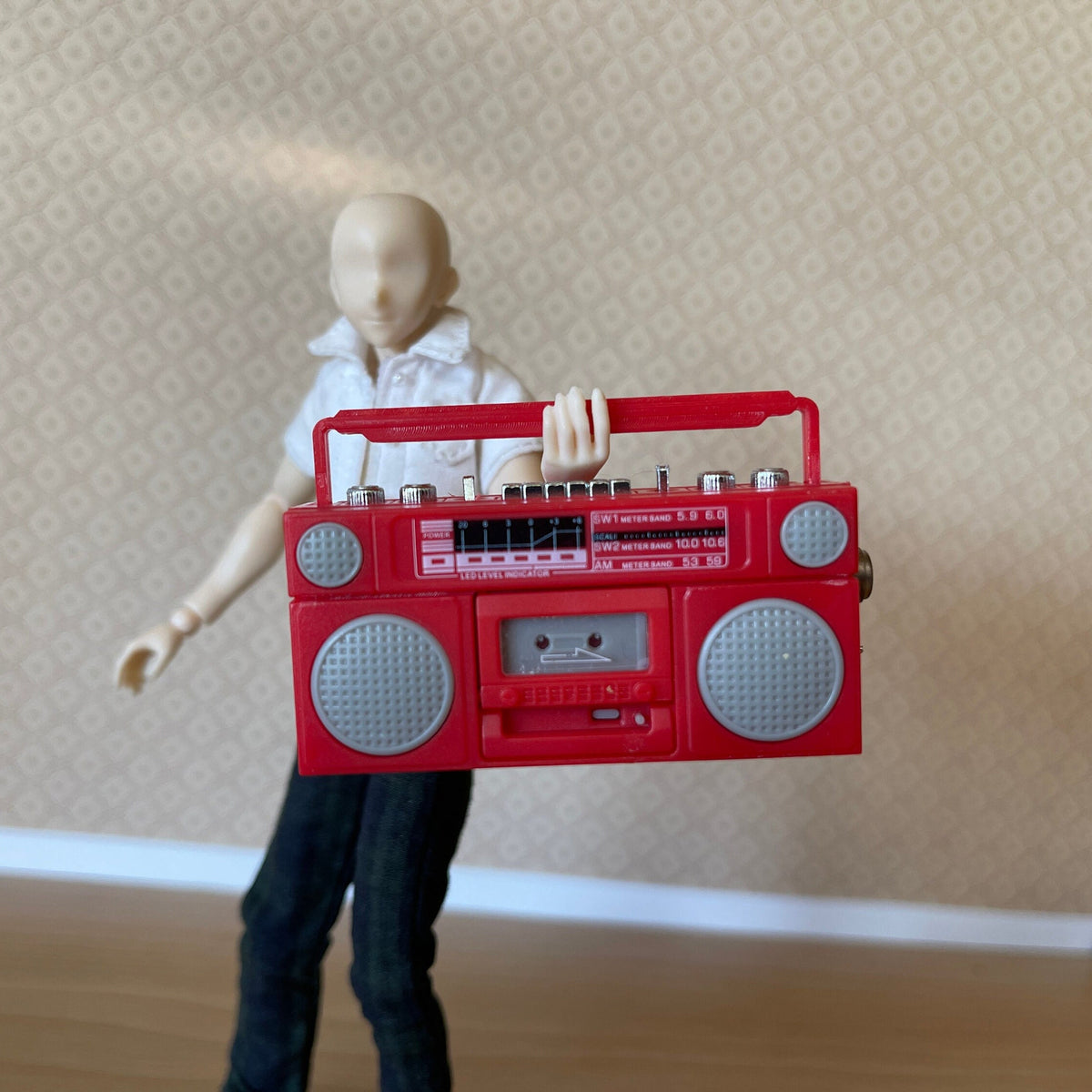 1:12 Scale Miniature Portable Cassette Player Radio with Cassette Tape, 2-1/16 inch wide, DIY Dollhouse Supply (red)