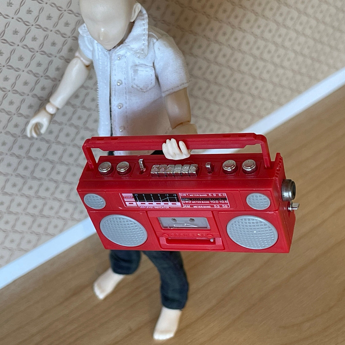 1:12 Scale Miniature Portable Cassette Player Radio with Cassette Tape, 2-1/16 inch wide, DIY Dollhouse Supply (red)