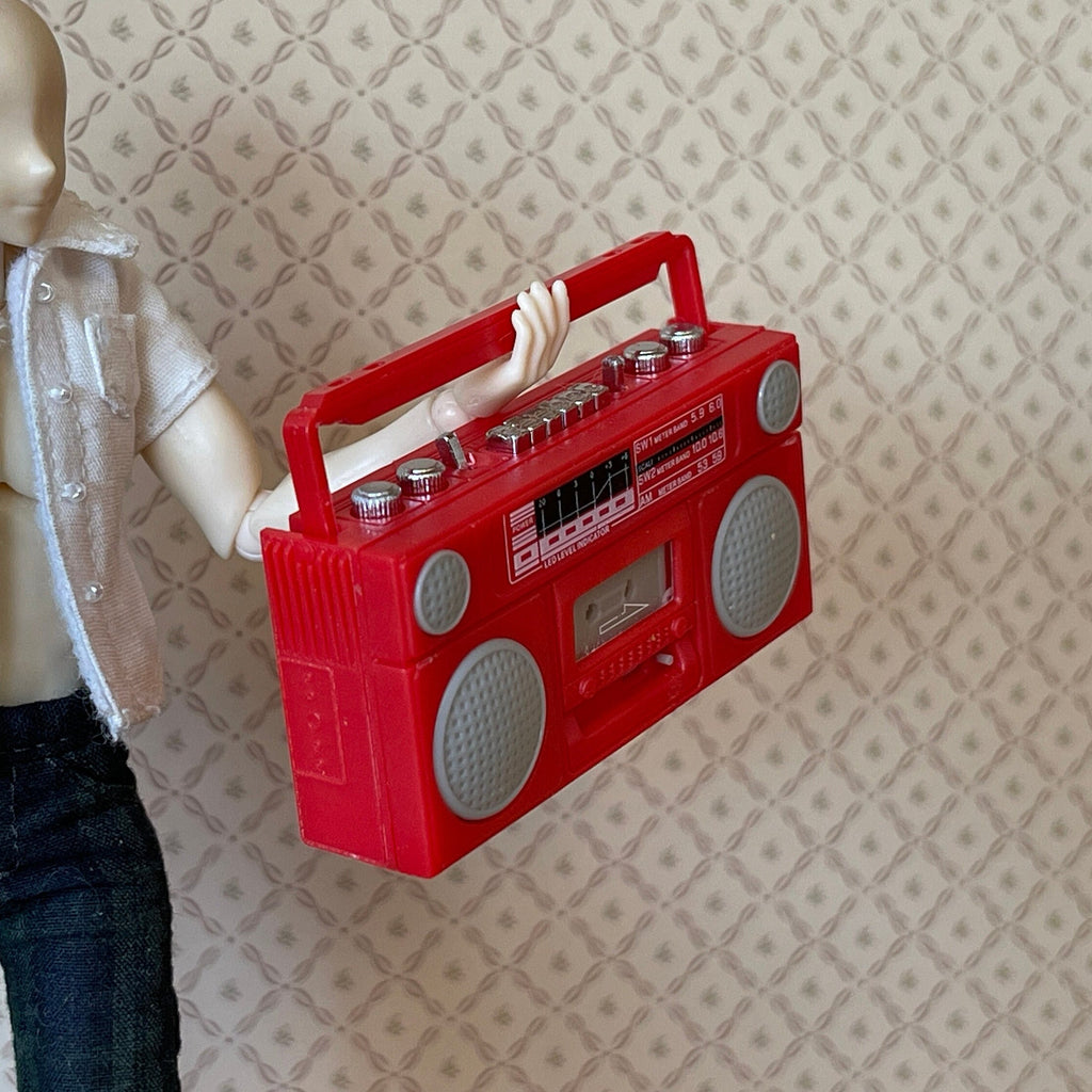 1:12 Scale Miniature Portable Cassette Player Radio with Cassette Tape, 2-1/16 inch wide, DIY Dollhouse Supply (red)
