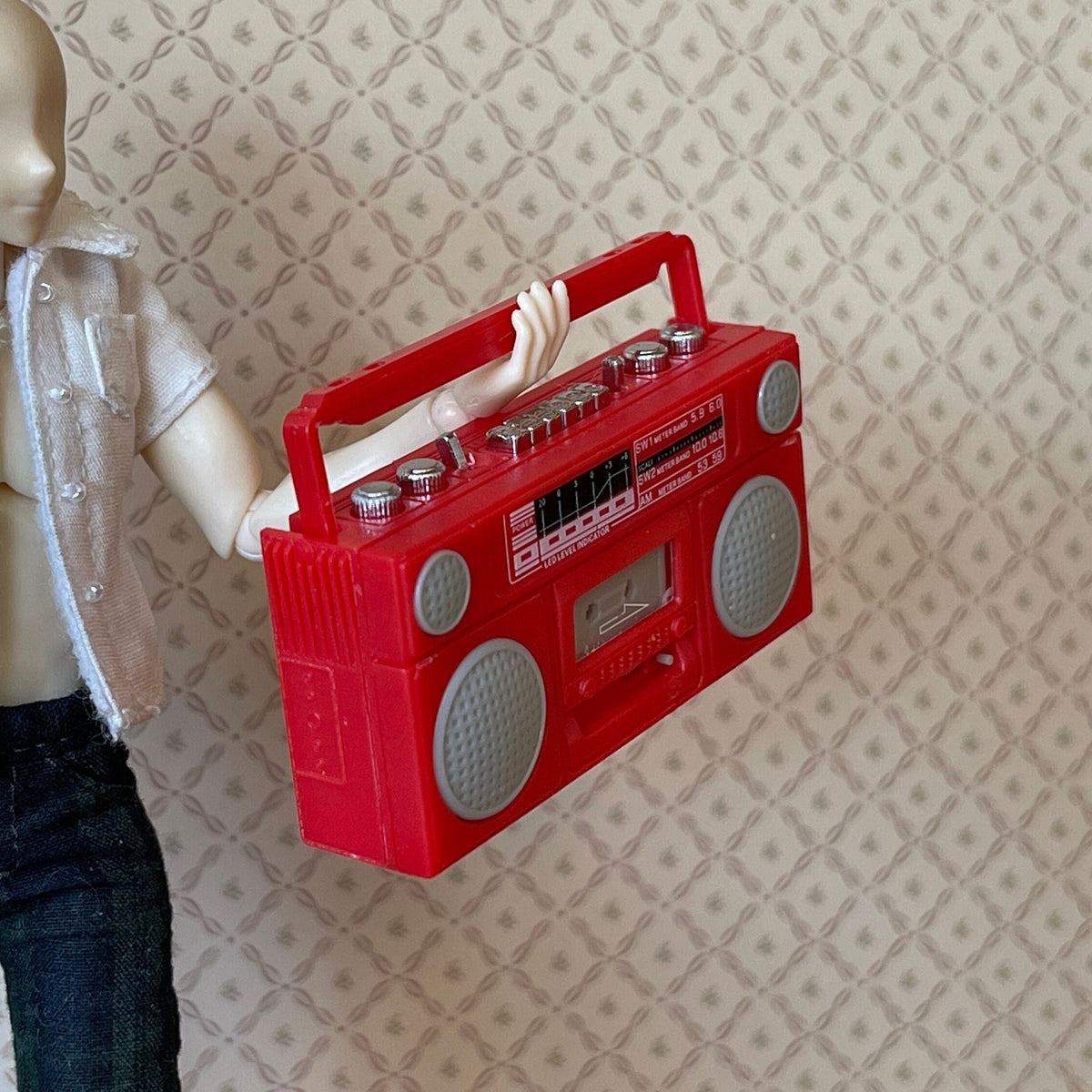 1:12 Scale Miniature Portable Cassette Player Radio with Cassette Tape, 2-1/16 inch wide, DIY Dollhouse Supply (red)