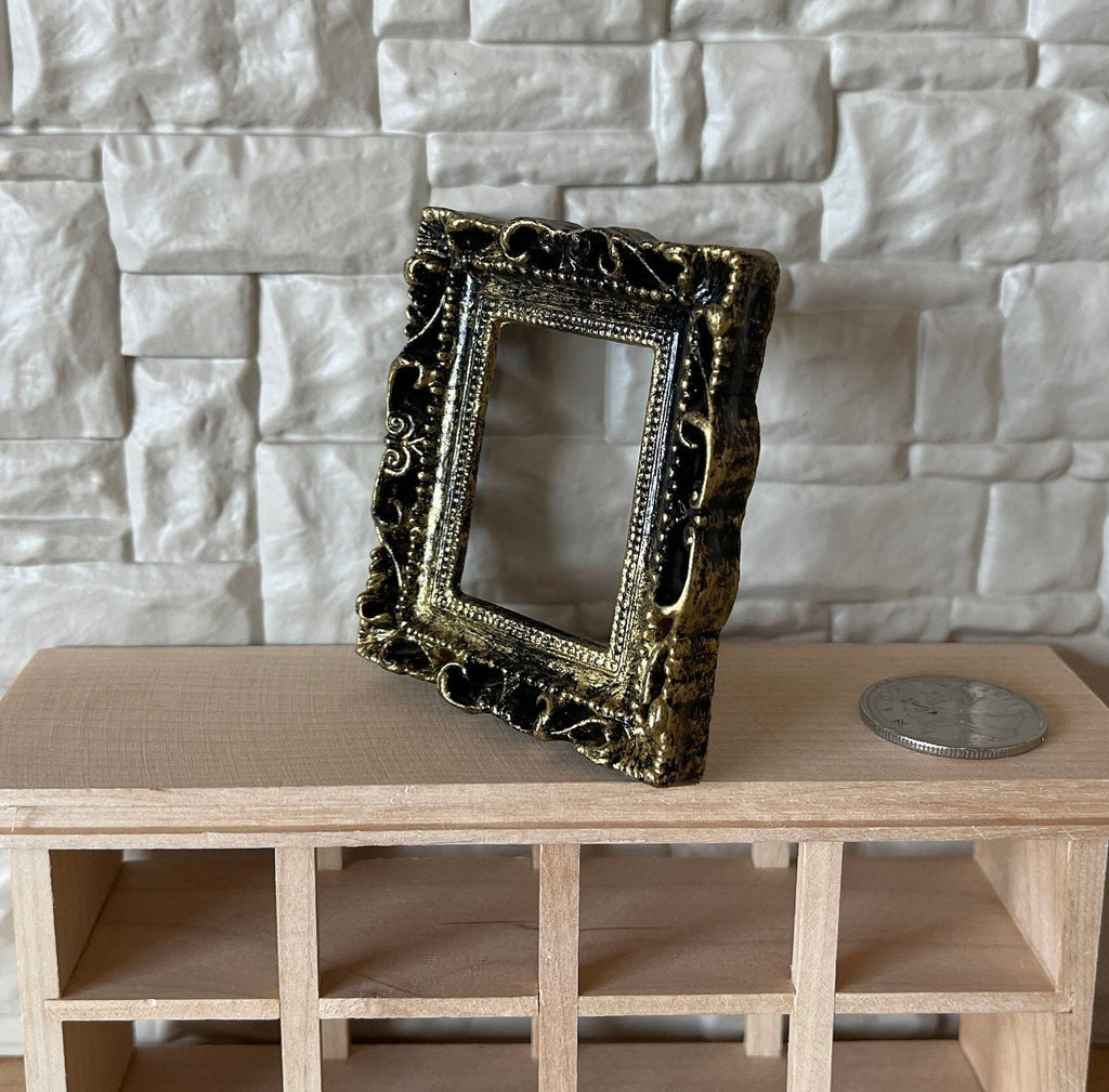 1:12 Scale Miniature Ornate Rectangular Picture Frame, 2-1/2 inch tall, DIY Dollhouse Supply (black and gold)
