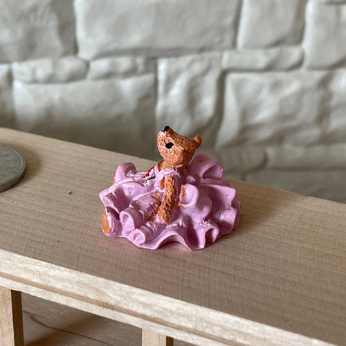 1:12 Scale Miniature Bear Figurine in Ruffled Dress, Sitting, 13/16 inch tall, DIY Dollhouse Supply (pink)