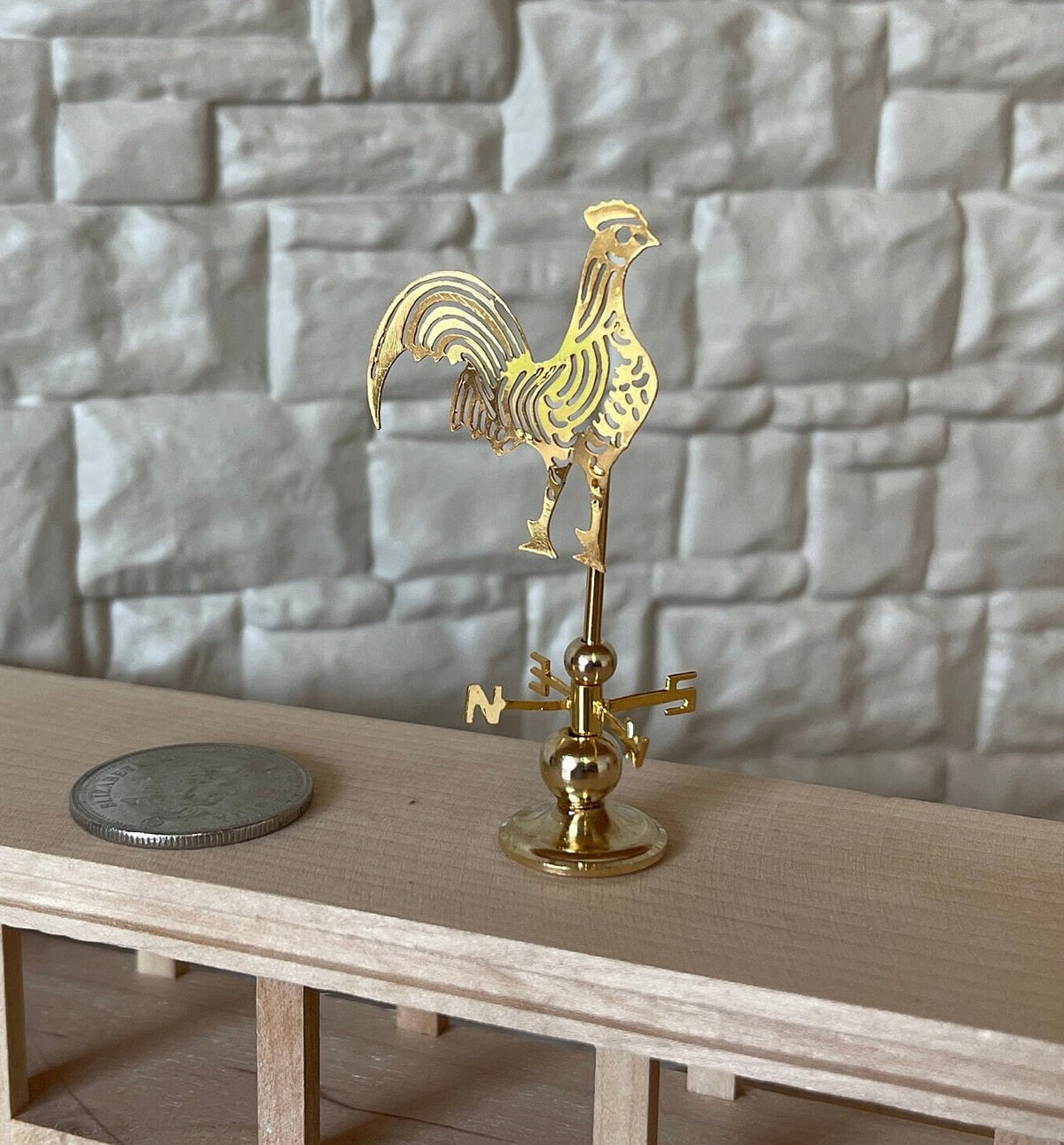 1:12 Scale Miniature Rooster Weather Vane on Stand, 2-7/16 inch tall, DIY Dollhouse Supply (brass)