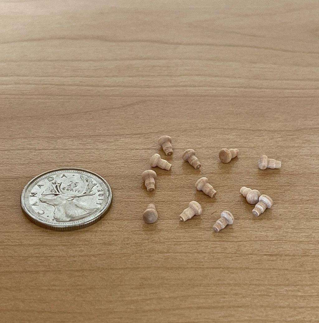 1:12 Scale Miniature Unpainted Wood Mushroom Dollhouse Door Knobs, Set of 12, 3/16 inch dia.
