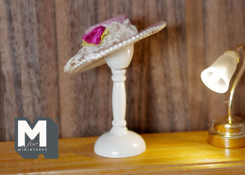 1:12 Scale Miniature Boater Hat with Hat Stand, Lace and Flower Trim, 2-3/8 inch tall, DIY Dollhouse Supply (fixed) (pink)