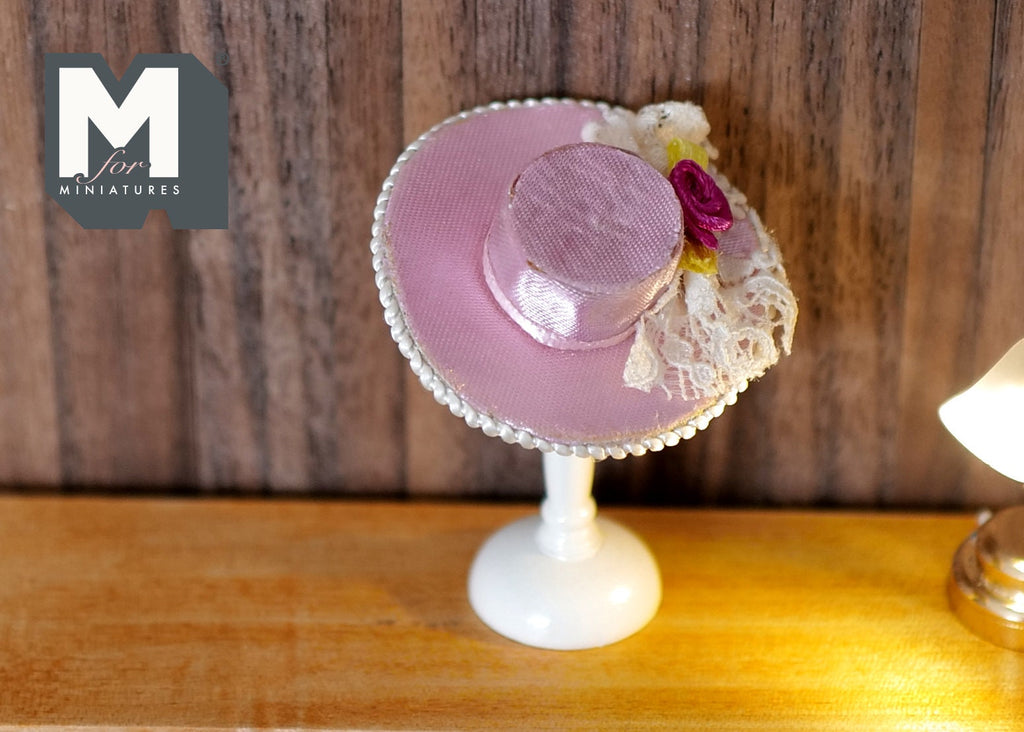 1:12 Scale Miniature Boater Hat with Hat Stand, Lace and Flower Trim, 2-3/8 inch tall, DIY Dollhouse Supply (fixed) (pink)