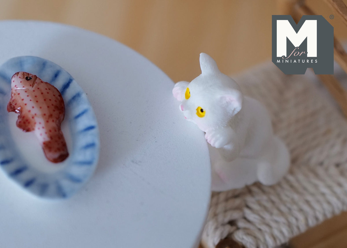 1:12 Scale Miniature Hungry Sitting Cat, 1-3/16 inch tall, DIY Dollhouse Supply (white)