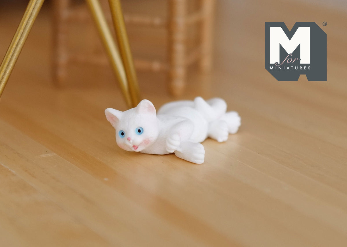 1:12 Scale Miniature Resin Lazy Cat, Lying Stretched Out, 1-3/4 inch long, DIY Dollhouse Supply (white)