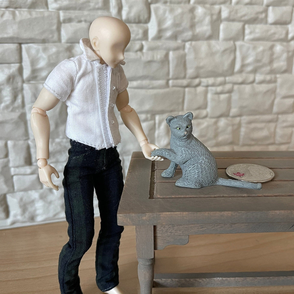 1:12 Scale Miniature Gray Tabby Cat, Sitting, Giving Paw, 1-3/8 inch tall, DIY Dollhouse Supply