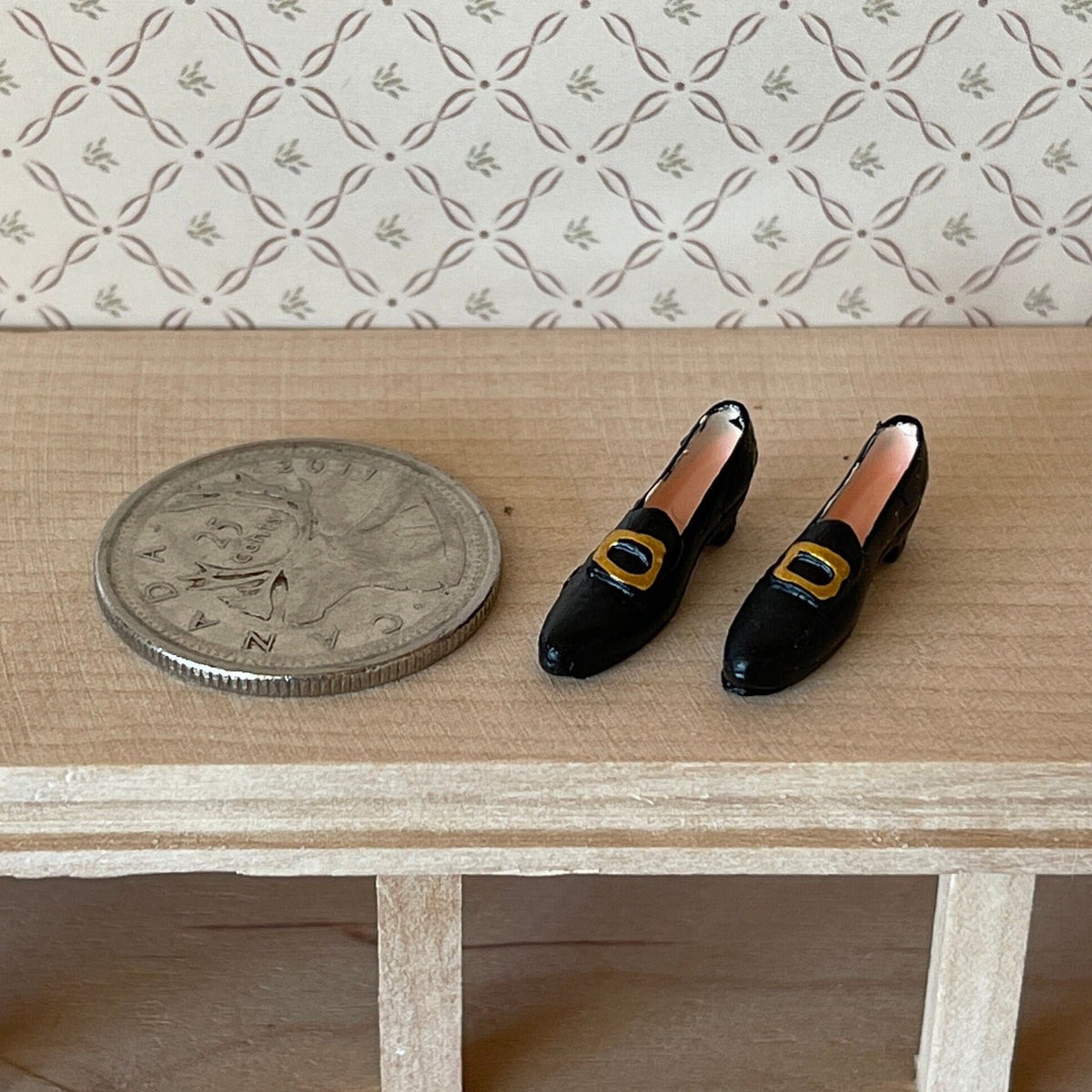 1:12 Scale Miniature Women's Buckled Loafers, 1 Pair, 13/16 inch long, DIY Dollhouse Supply (black)