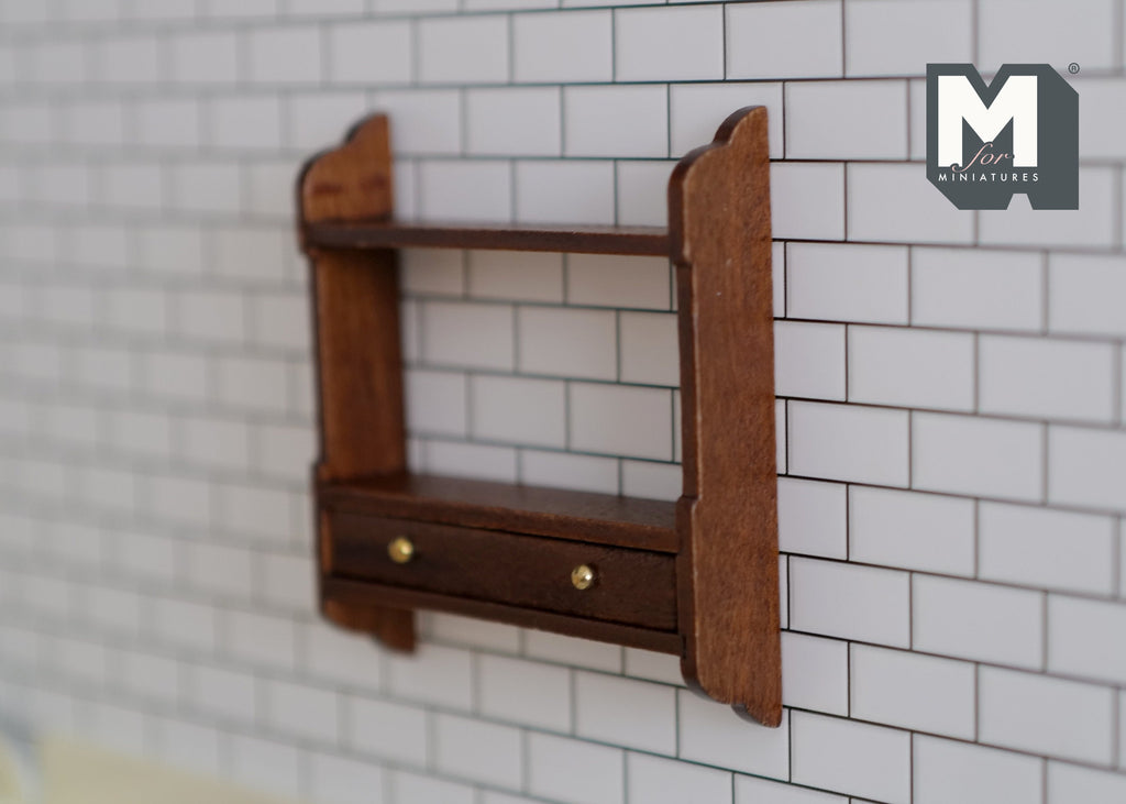 1:12 Scale Miniature Wood Wall Shelf with Drawer, 2-15/16 inch tall, DIY Dollhouse Supply (walnut)