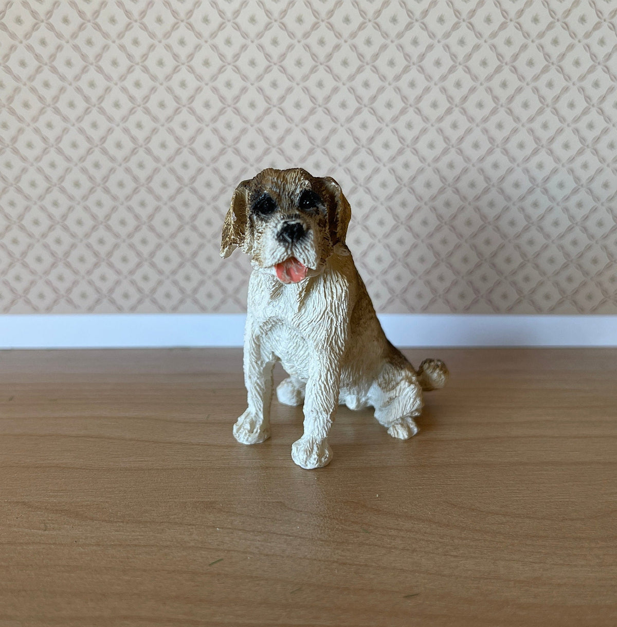 1:12 Scale Miniature Saint Bernard Dog Figurine, Sitting, 2-3/8 inch tall, DIY Dollhouse Supply (brown and white)