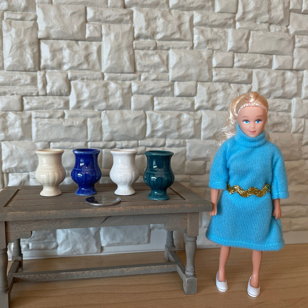 1:12 Scale Miniature Ceramic Urn Vases, Set of 4, 1-5/16 inch tall, DIY Dollhouse Supply (white, cream, blue and green)