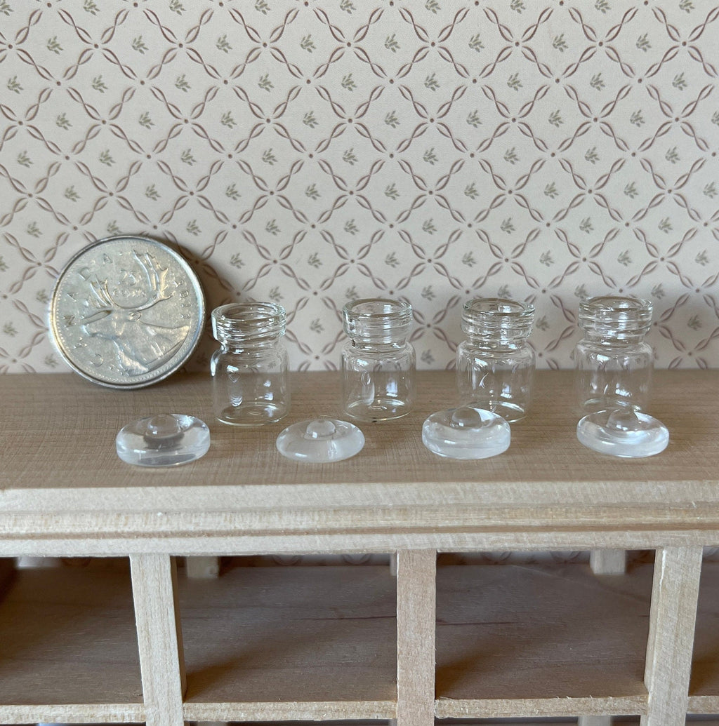 1:12 Scale Miniature Clear Glass Jars with Lids, Set of 4, 13/16 inch tall, DIY Dollhouse Supply