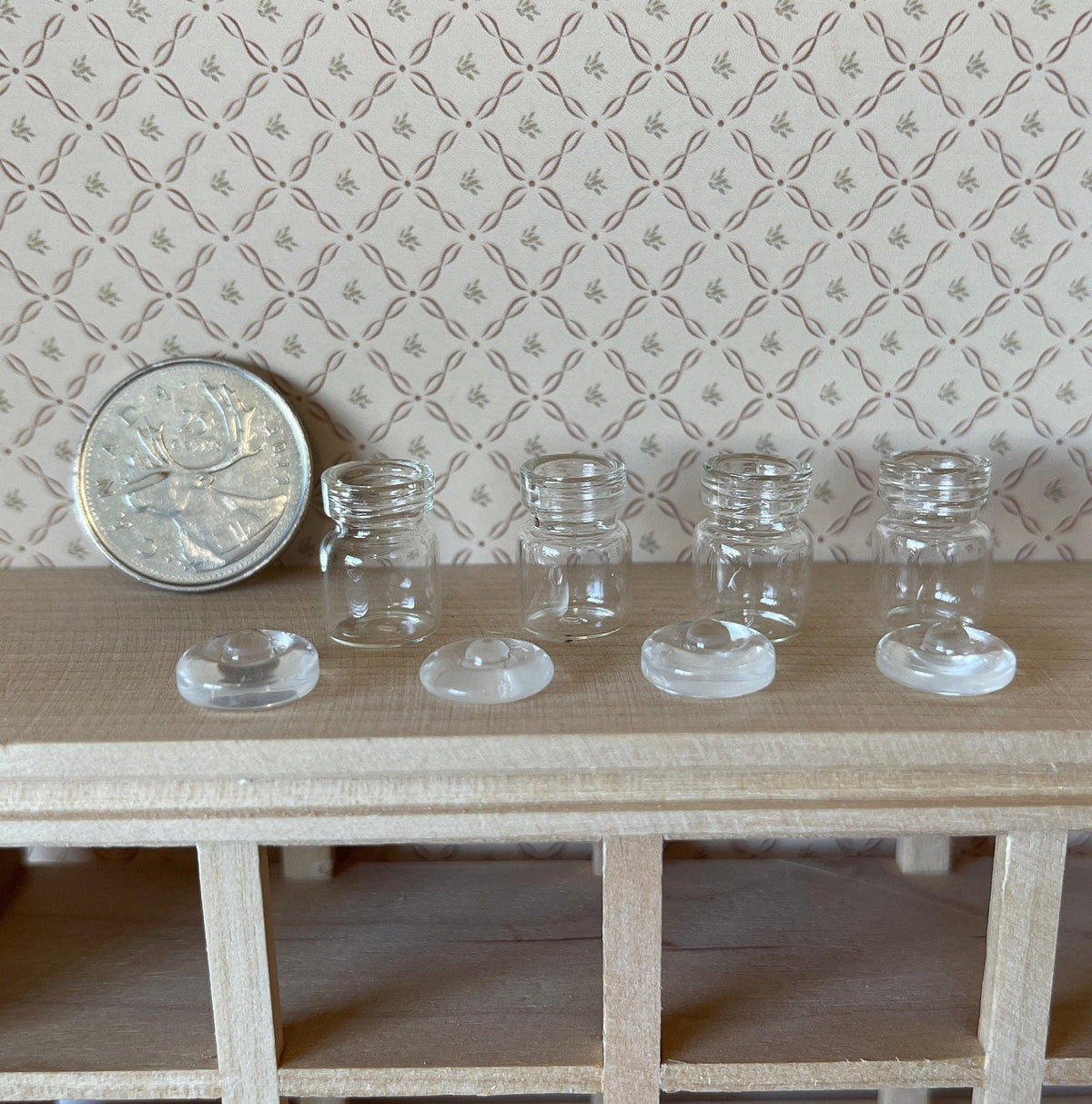 1:12 Scale Miniature Clear Glass Jars with Lids, Set of 4, 13/16 inch tall, DIY Dollhouse Supply