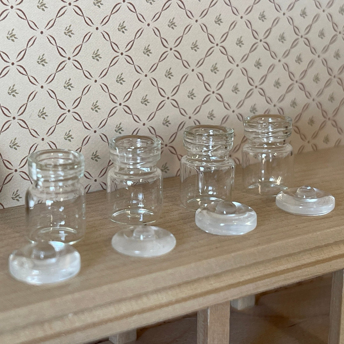 1:12 Scale Miniature Clear Glass Jars with Lids, Set of 4, 13/16 inch tall, DIY Dollhouse Supply