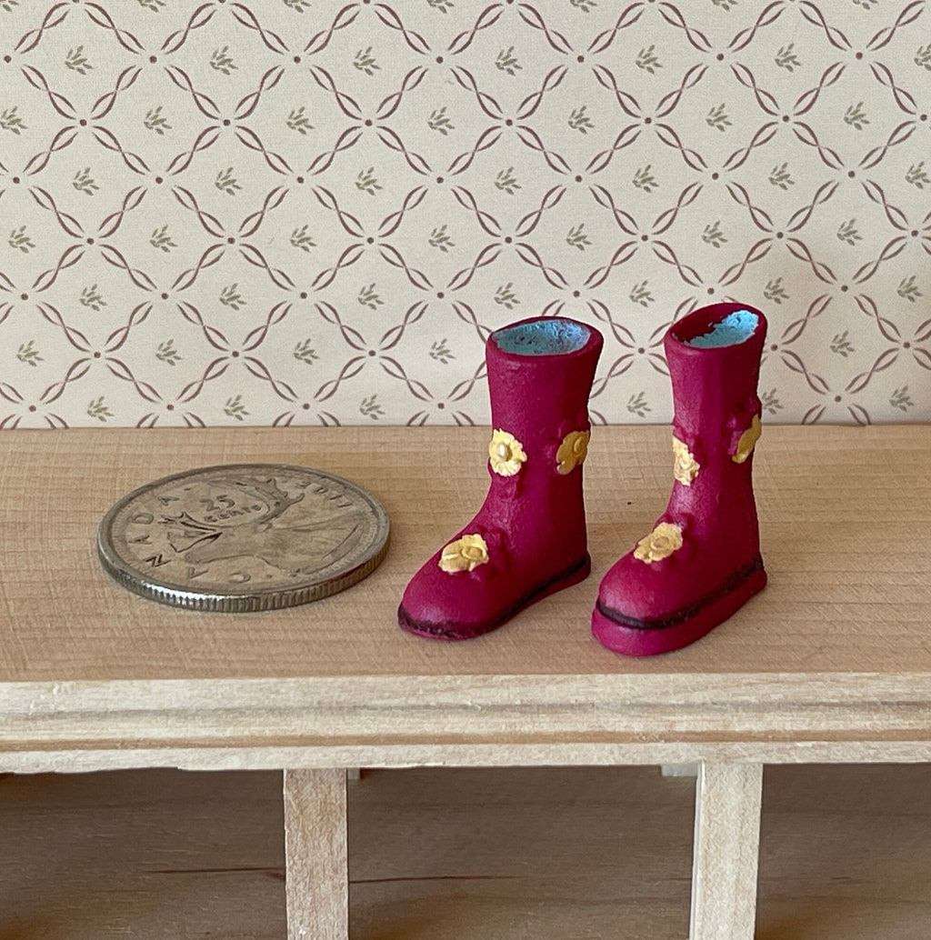 1:12 Scale Miniature Rubber Rain Boots, Pair, 15/16 inch tall, DIY Dollhouse Supply (pink with flowers)