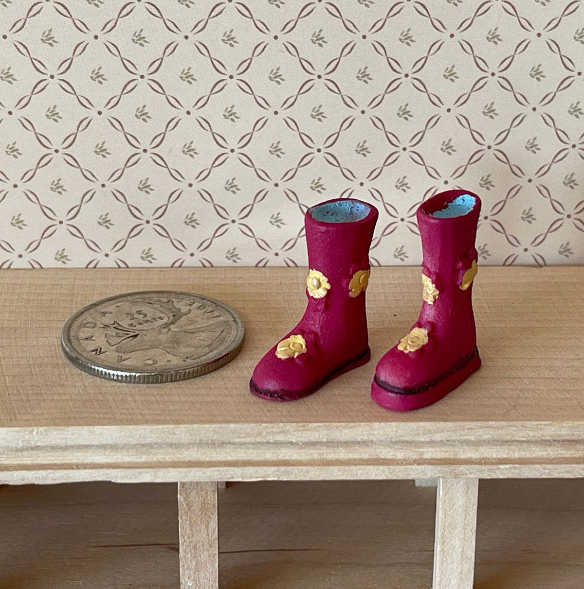 1:12 Scale Miniature Rubber Rain Boots, Pair, 15/16 inch tall, DIY Dollhouse Supply (pink with flowers)