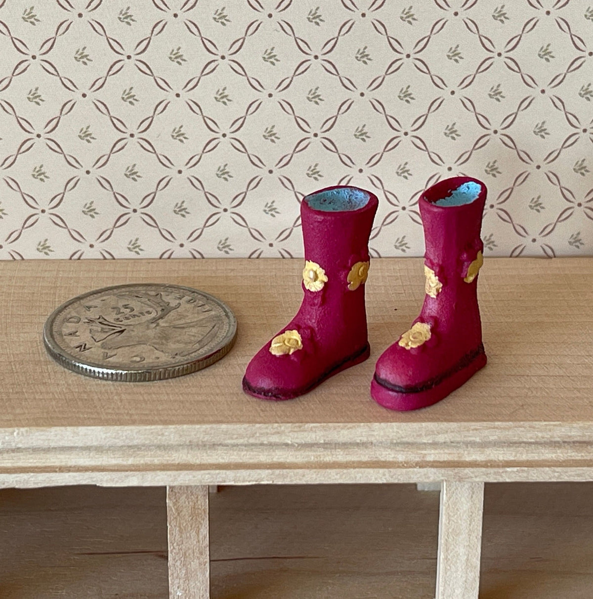 1:12 Scale Miniature Rubber Rain Boots, Pair, 15/16 inch tall, DIY Dollhouse Supply (pink with flowers)