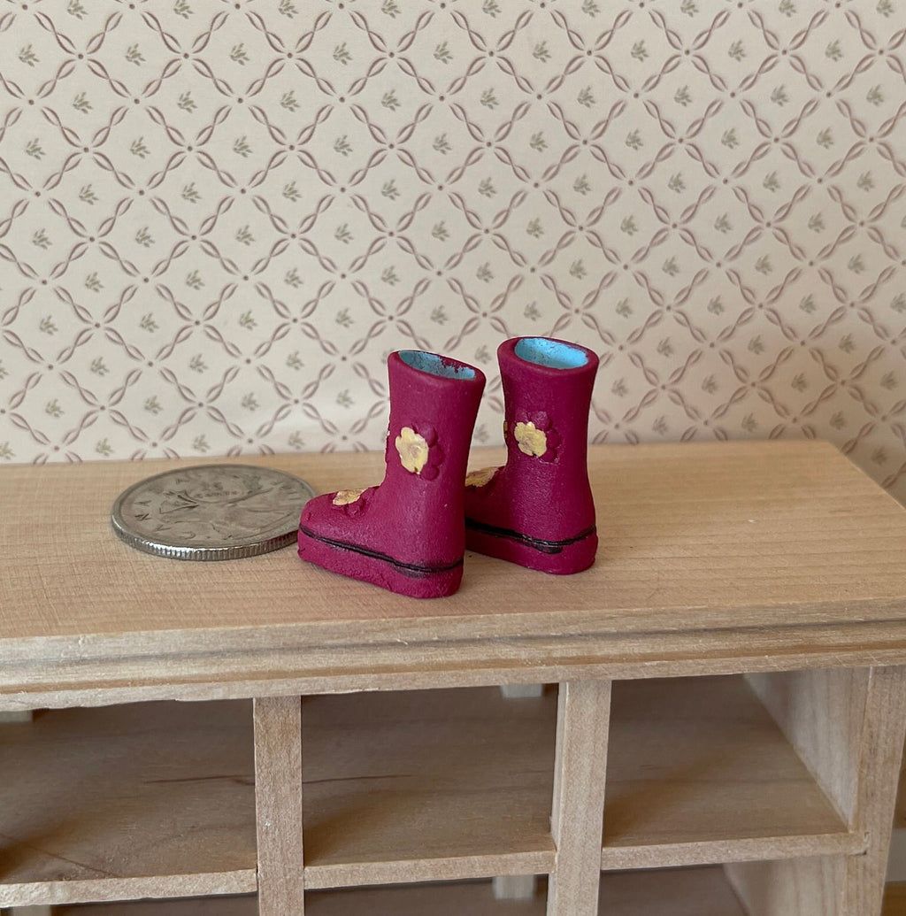 1:12 Scale Miniature Rubber Rain Boots, Pair, 15/16 inch tall, DIY Dollhouse Supply (pink with flowers)