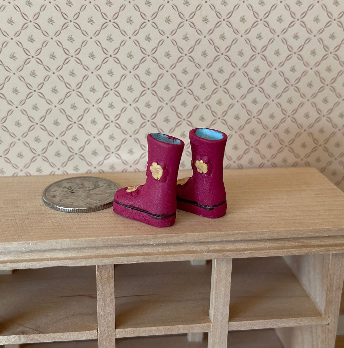 1:12 Scale Miniature Rubber Rain Boots, Pair, 15/16 inch tall, DIY Dollhouse Supply (pink with flowers)