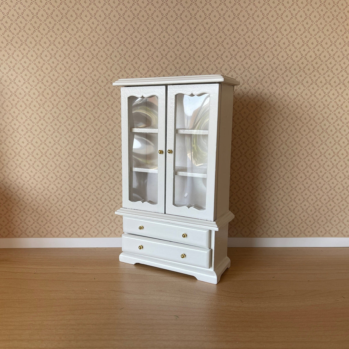 1:12 Scale Miniature Wood Dish Cabinet with Glass Doors and Drawers, 6 inch tall, DIY Dollhouse Supply (white)