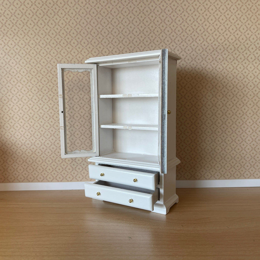 1:12 Scale Miniature Wood Dish Cabinet with Glass Doors and Drawers, 6 inch tall, DIY Dollhouse Supply (white)