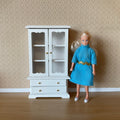 1:12 Scale Miniature Wood Dish Cabinet with Glass Doors and Drawers, 6 inch tall, DIY Dollhouse Supply (white)