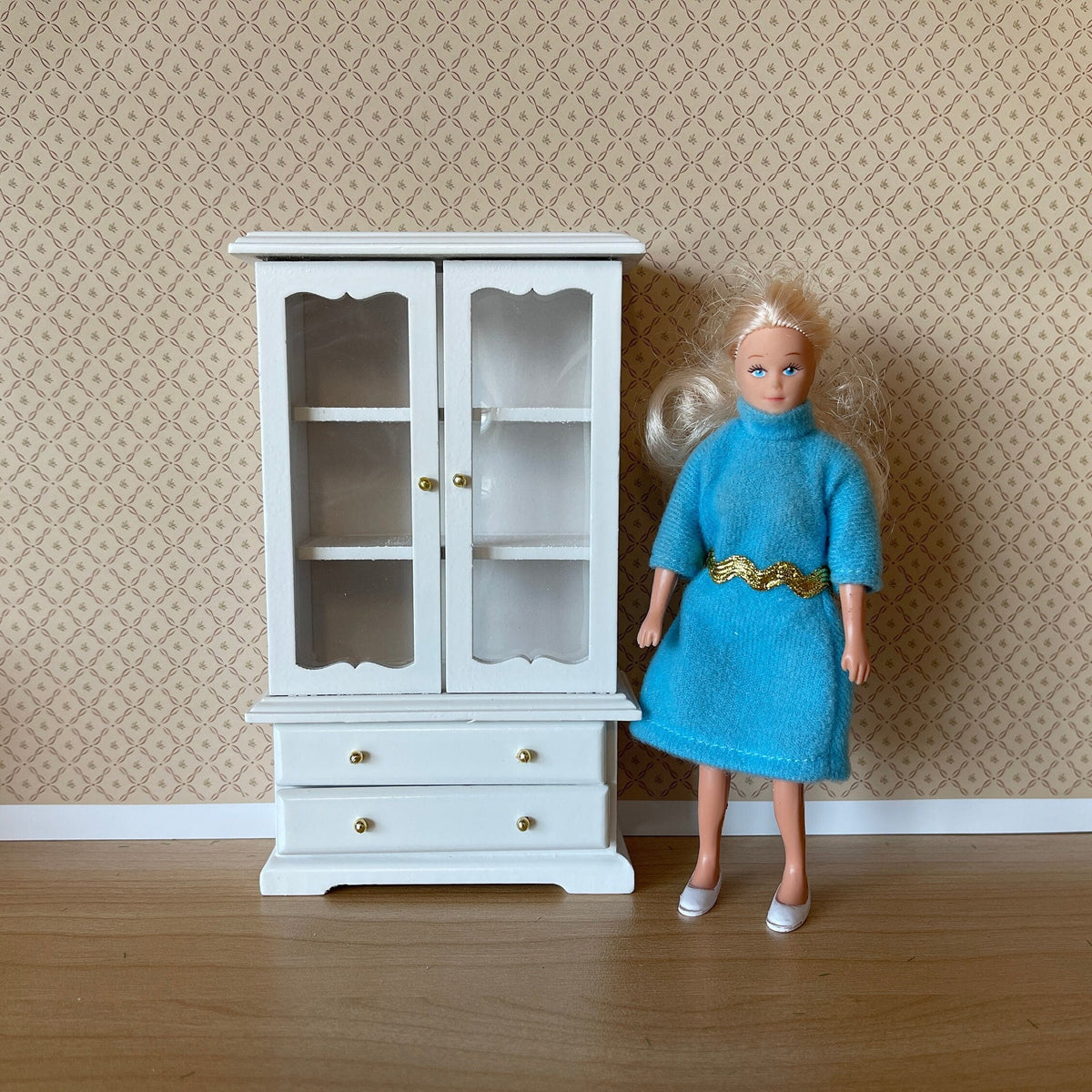 1:12 Scale Miniature Wood Dish Cabinet with Glass Doors and Drawers, 6 inch tall, DIY Dollhouse Supply (white)