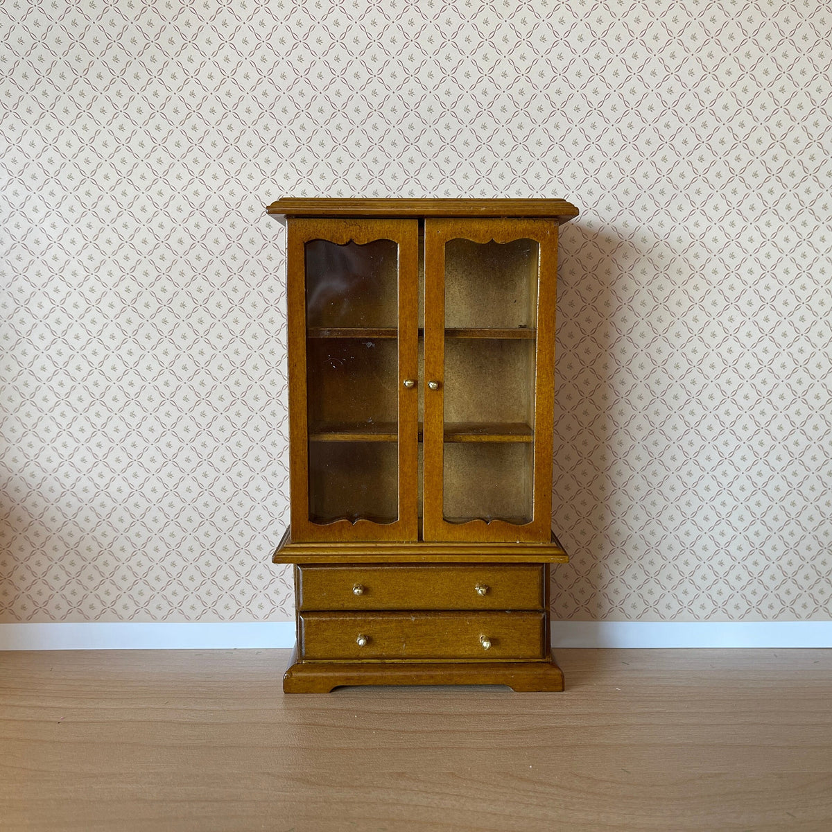 1:12 Scale Miniature Wood Dish Cabinet with Glass Doors and Drawers, 6 inch tall, DIY Dollhouse Supply (walnut)