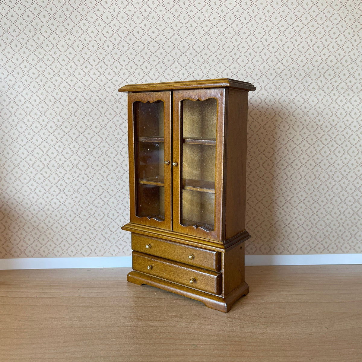 1:12 Scale Miniature Wood Dish Cabinet with Glass Doors and Drawers, 6 inch tall, DIY Dollhouse Supply (walnut)
