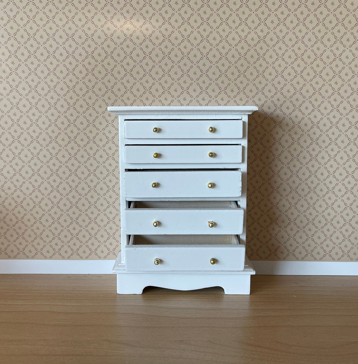 1:12 Scale Miniature Wood Tall Dresser, 5 Drawers, 4-3/8 inch tall, DIY Dollhouse Supply (white)