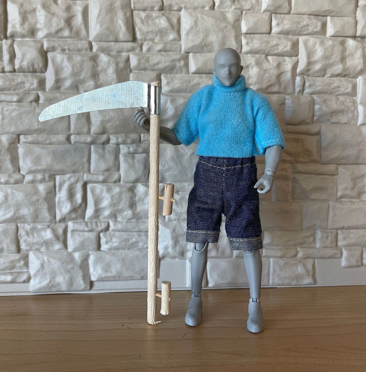 1:12 Scale Miniature Scythe with Wood Handle and Side Grip, 5-1/16 inch tall, DIY Dollhouse Supply