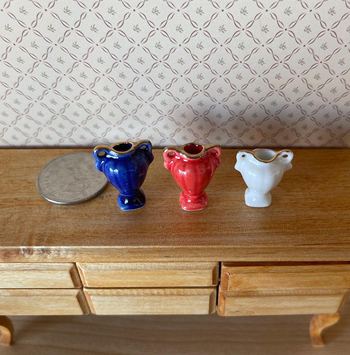1:12 Scale Miniature Ceramic Amphora Posy Vases, Set of 3, 7/8 inch tall, DIY Dollhouse Supply (blue, red and white)