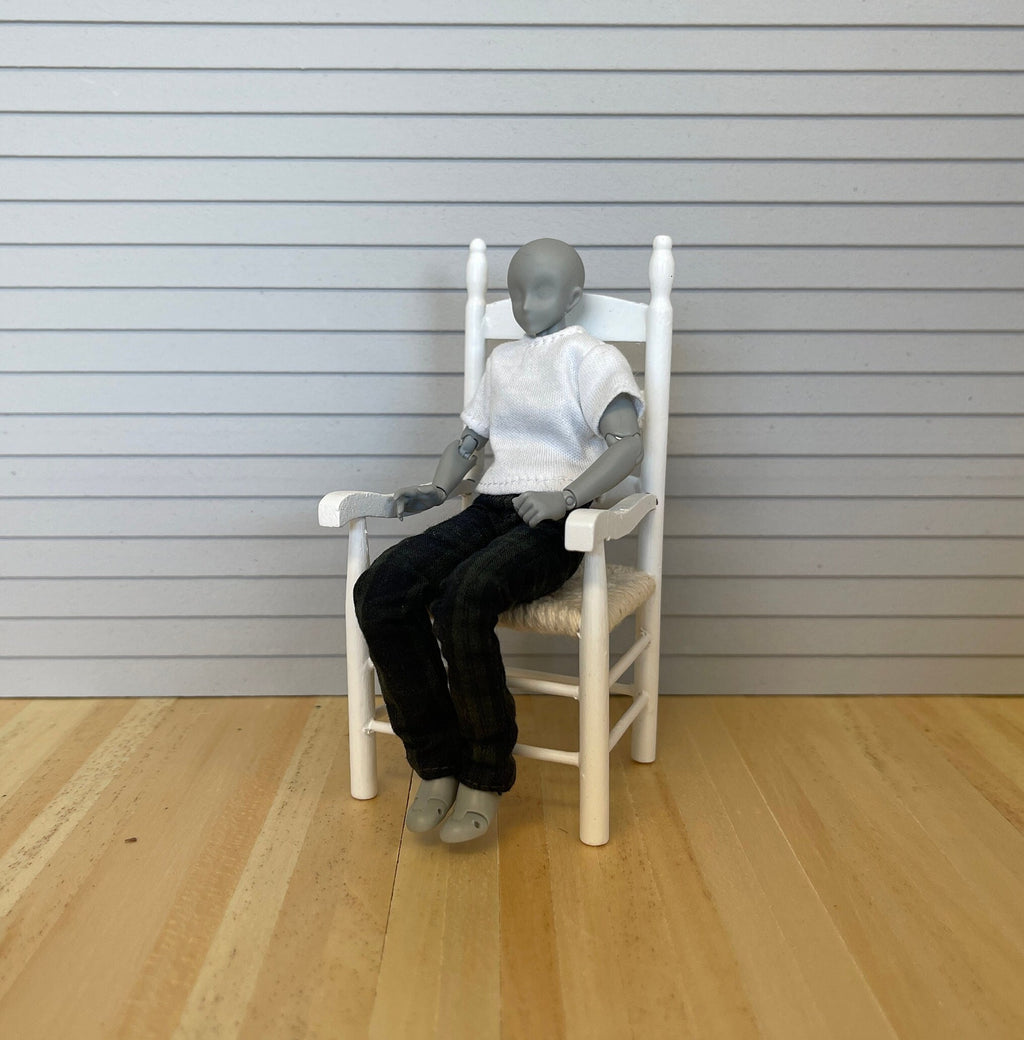 1:12 Scale Miniature Wood Ladder Back Armchair with Woven Seat, 4-3/16 inch tall, DIY Dollhouse Supply (white)