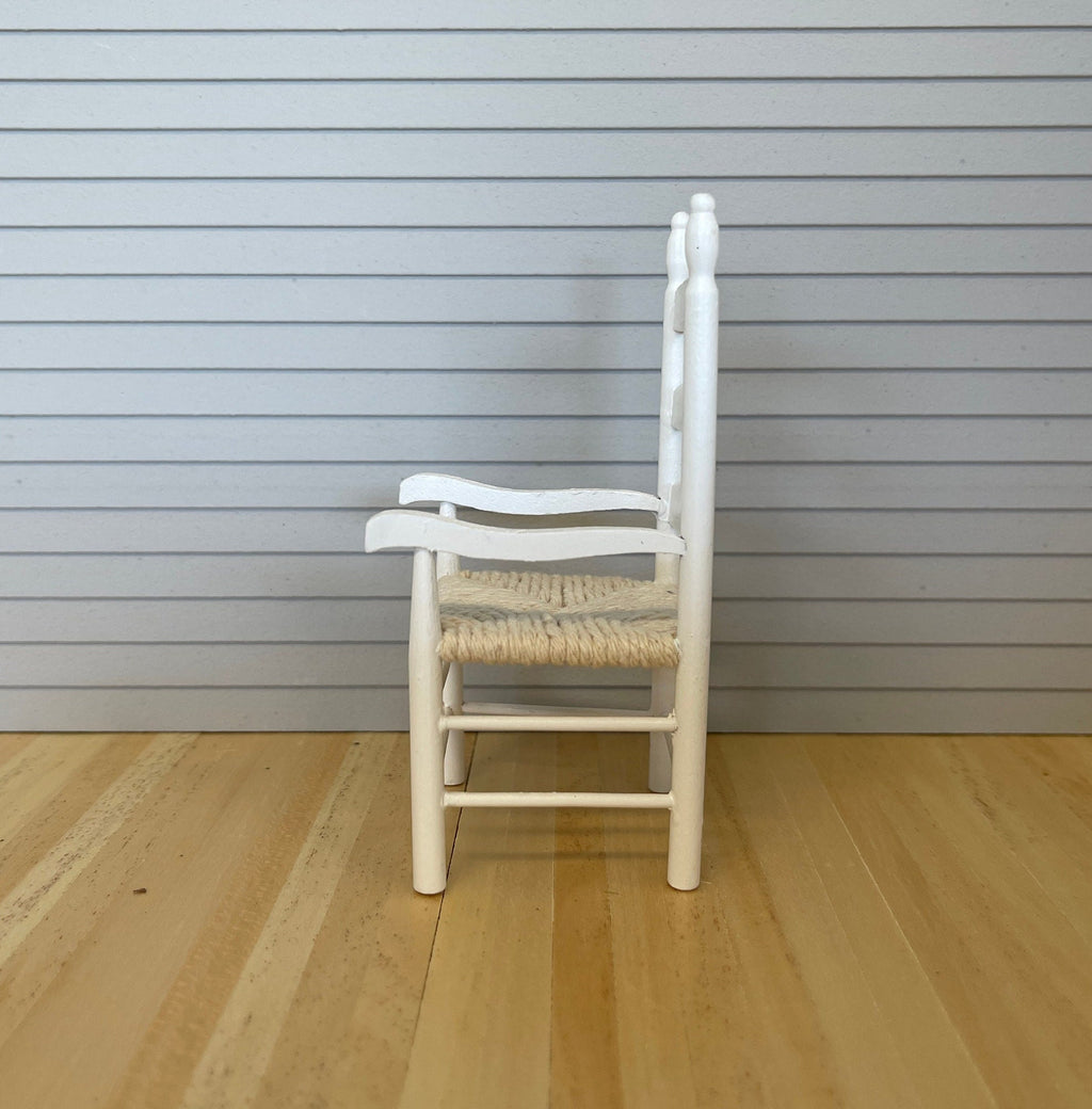 1:12 Scale Miniature Wood Ladder Back Armchair with Woven Seat, 4-3/16 inch tall, DIY Dollhouse Supply (white)
