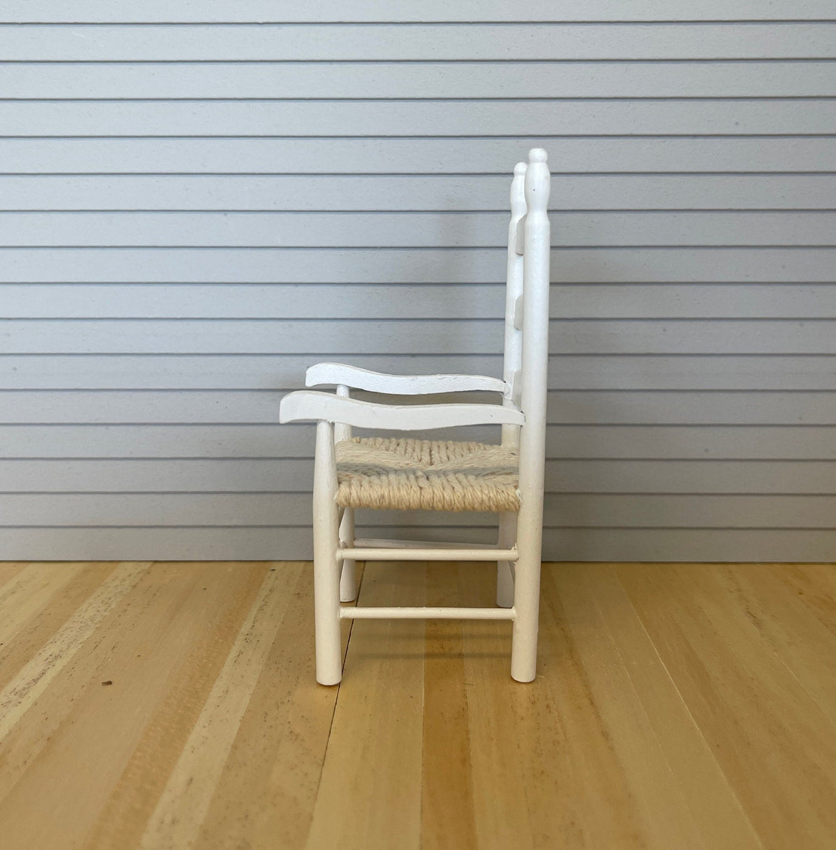 1:12 Scale Miniature Wood Ladder Back Armchair with Woven Seat, 4-3/16 inch tall, DIY Dollhouse Supply (white)