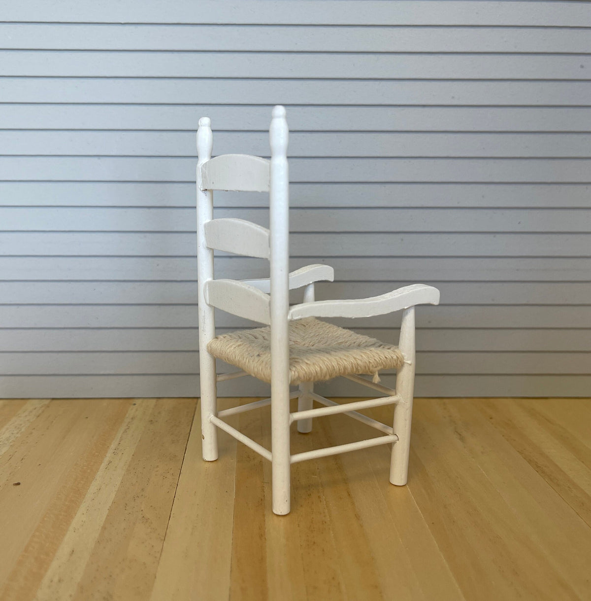 1:12 Scale Miniature Wood Ladder Back Armchair with Woven Seat, 4-3/16 inch tall, DIY Dollhouse Supply (white)