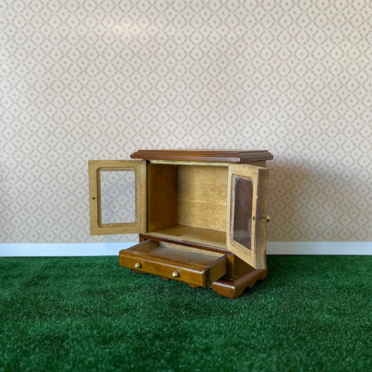 1:12 Scale Miniature Wood Short Display Cabinet with Glass Doors and Drawer, 3-1/8 inch tall, DIY Dollhouse Supply (walnut)