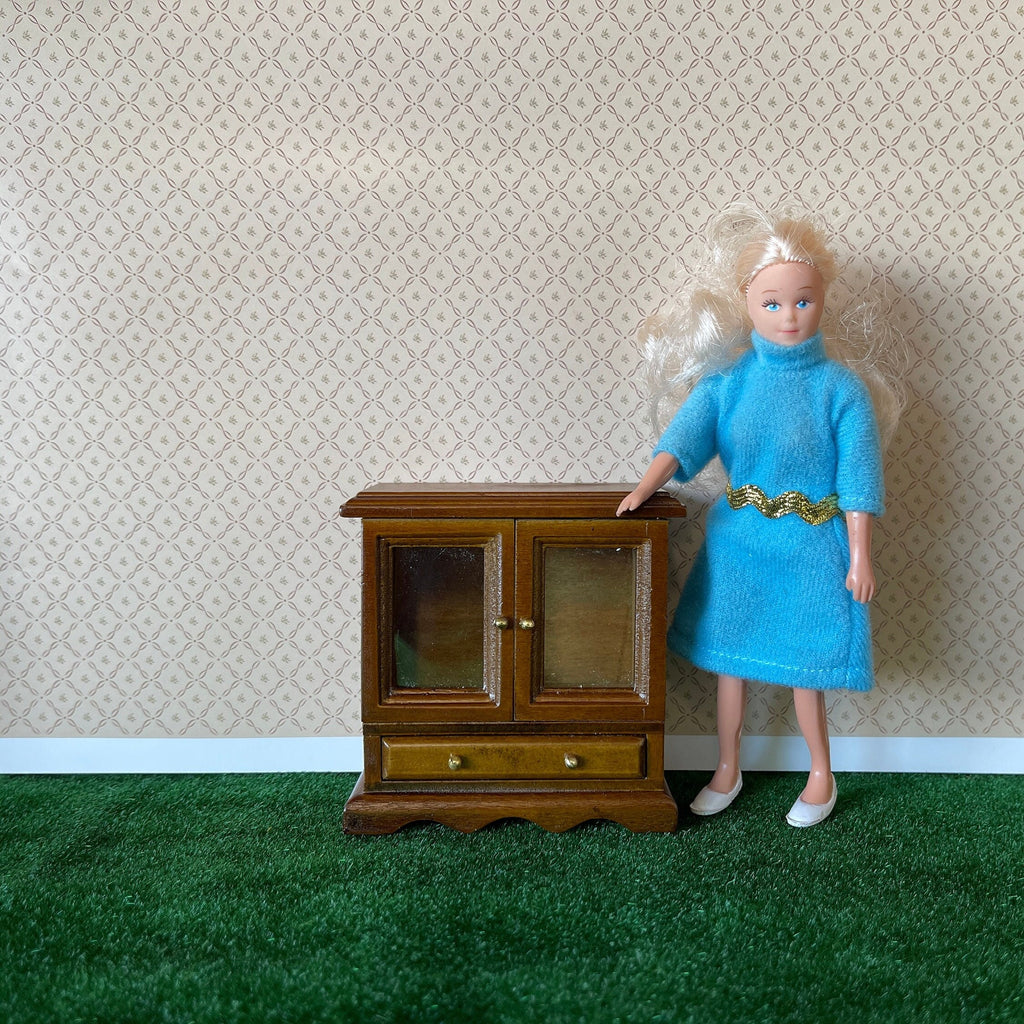 1:12 Scale Miniature Wood Short Display Cabinet with Glass Doors and Drawer, 3-1/8 inch tall, DIY Dollhouse Supply (walnut)